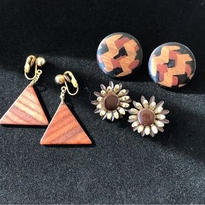 Lot of 3 Vintage clip on earrings-wood, brown, and gold tones